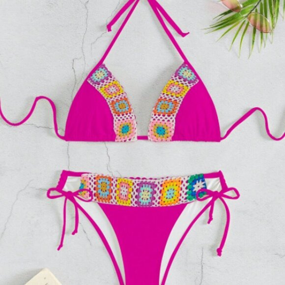 Hot Pink Women's Beach Holiday Floral Halter Bikini Set - Picture 5 of 8